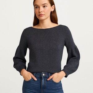 Massimo Dutti Metallic Knit Boat Neck Balloon Sleeve Sweater Womens M Navy